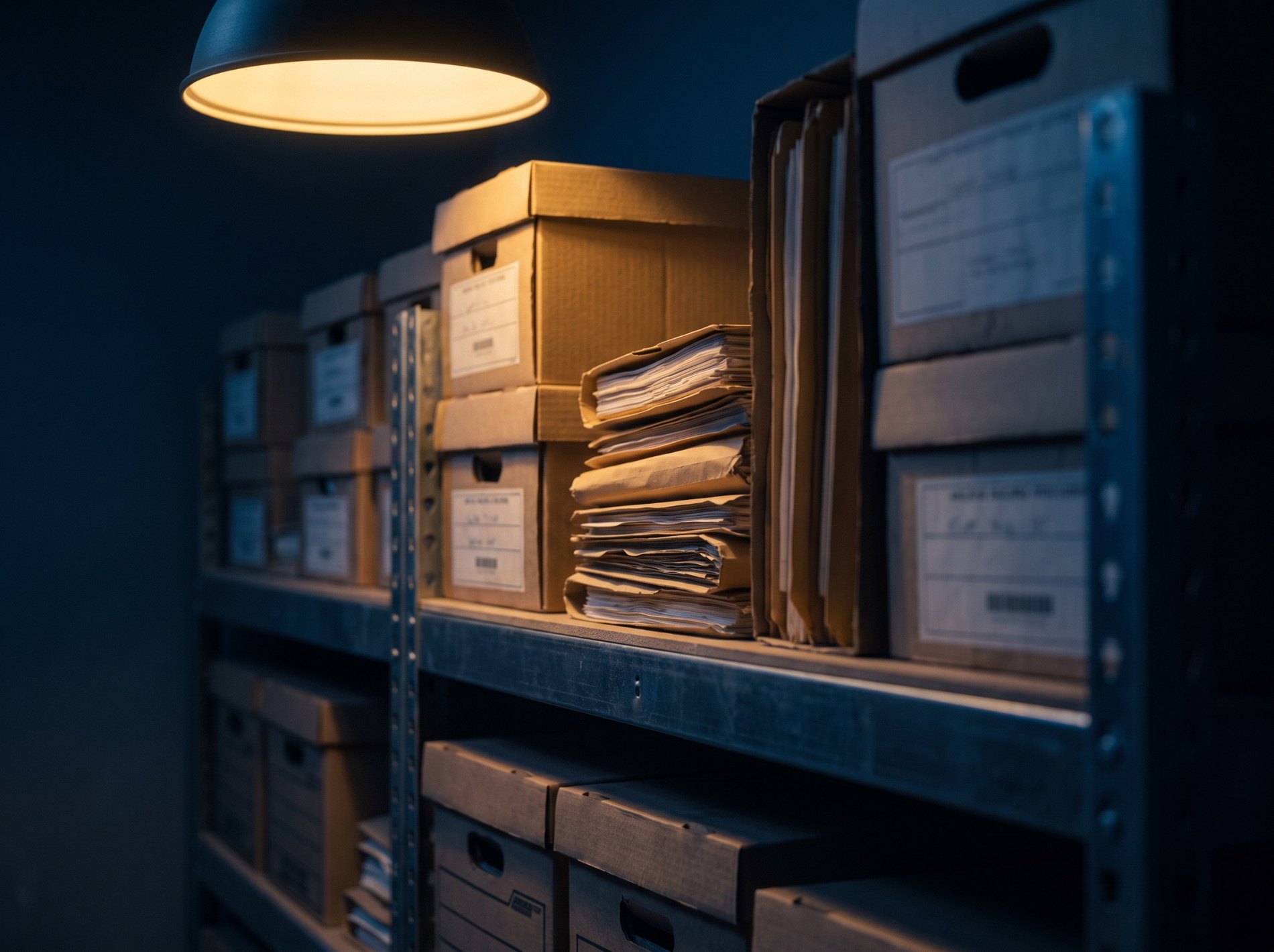 Years of business records organized on office shelves